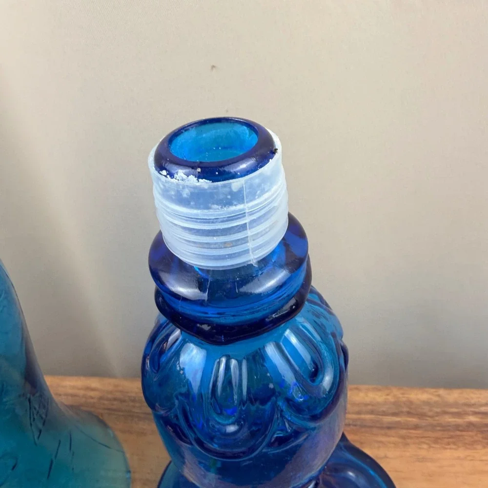 Vintage Blue Glass Hurricane Candle Holder Floral Embossed 2 Piece 18.5 Inch